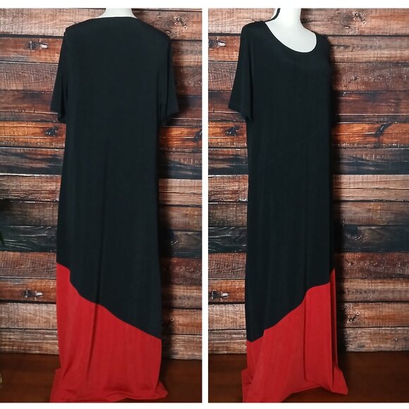 Chicos Travelers Maxi Shift Dress Size 2 US 12 Red Black Colorblock Side Slit - Picture 2 of 8